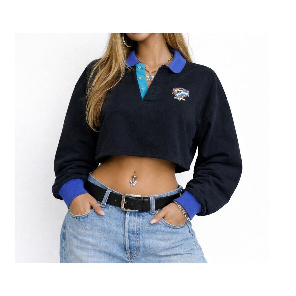 Vintage 90's Harley Davidson Cropped Boxy Oversized Polo Shirt XL Long Sleeve‎